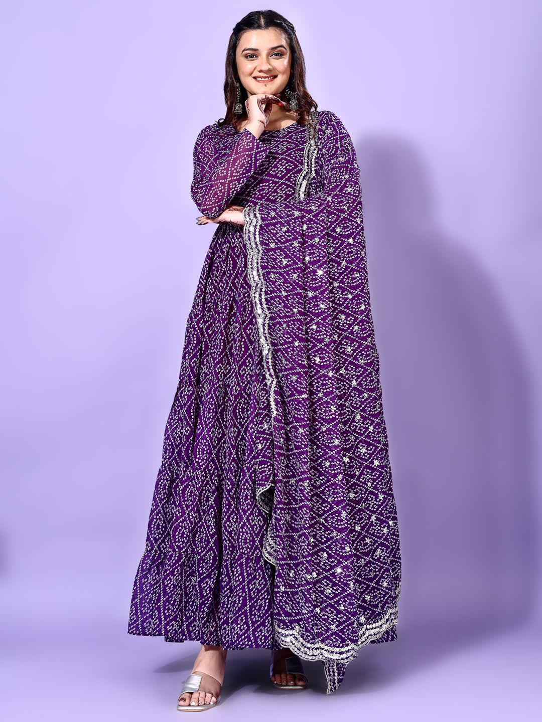 KALINI Bandhani Printed Round Neck Tiered Anarkali Kurta with Pyjama & Dupatta