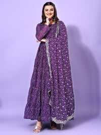 KALINI Bandhani Printed Round Neck Tiered Anarkali Kurta with Pyjama & Dupatta
