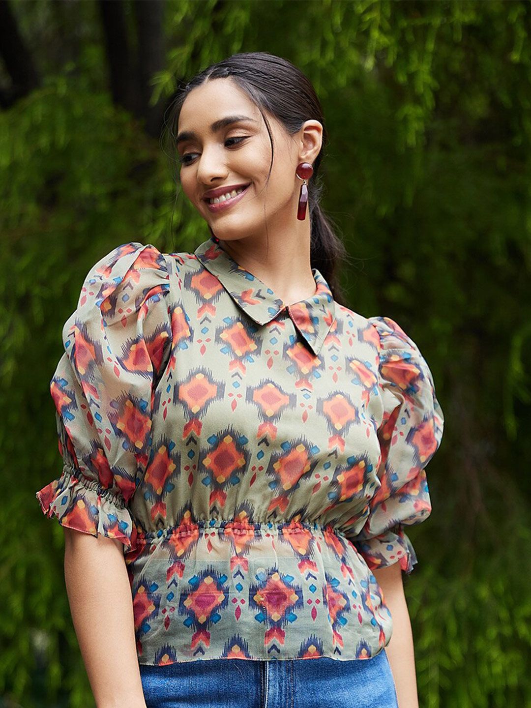 Athena Green & Rust Geometric Print Peplum Top
