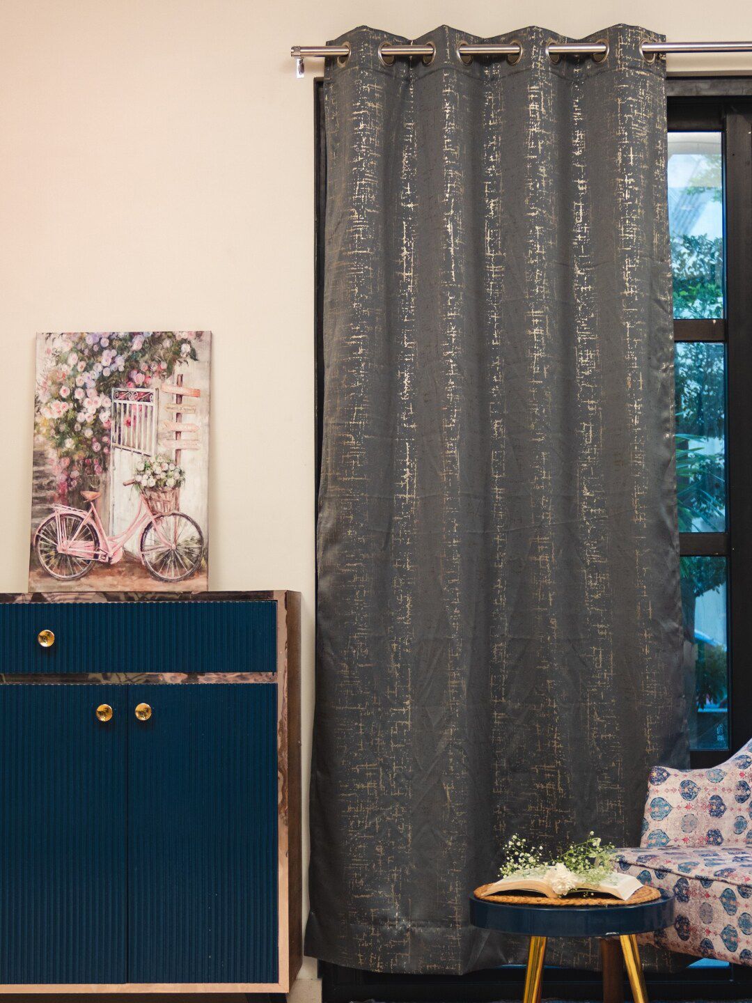 URBAN SPACE Grey & Gold-Toned Black Out Long Door Curtain