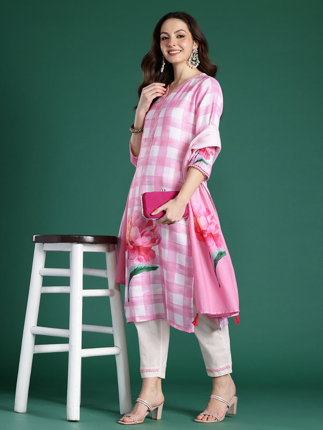 Indo Era Floral Printed Beads and Stones Linen Kurta with Trousers & With Dupatta