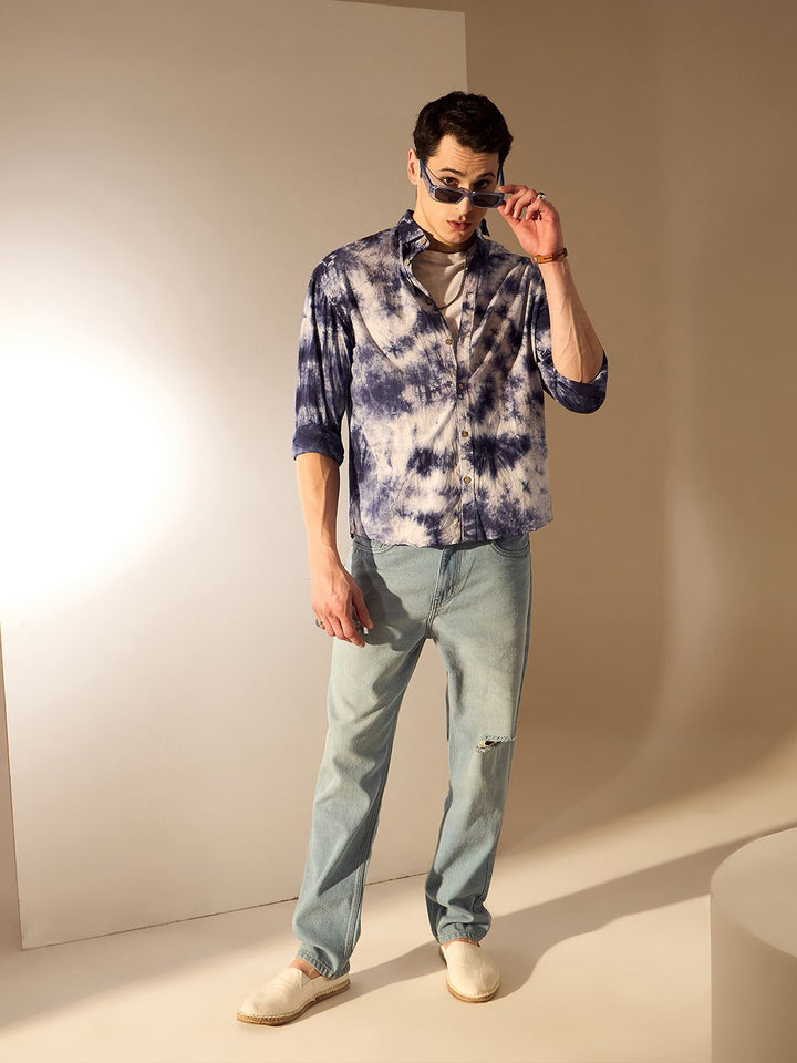 DENNISON Men Relaxed Spread Collar Dyed Cotton Oversized Casual Shirt