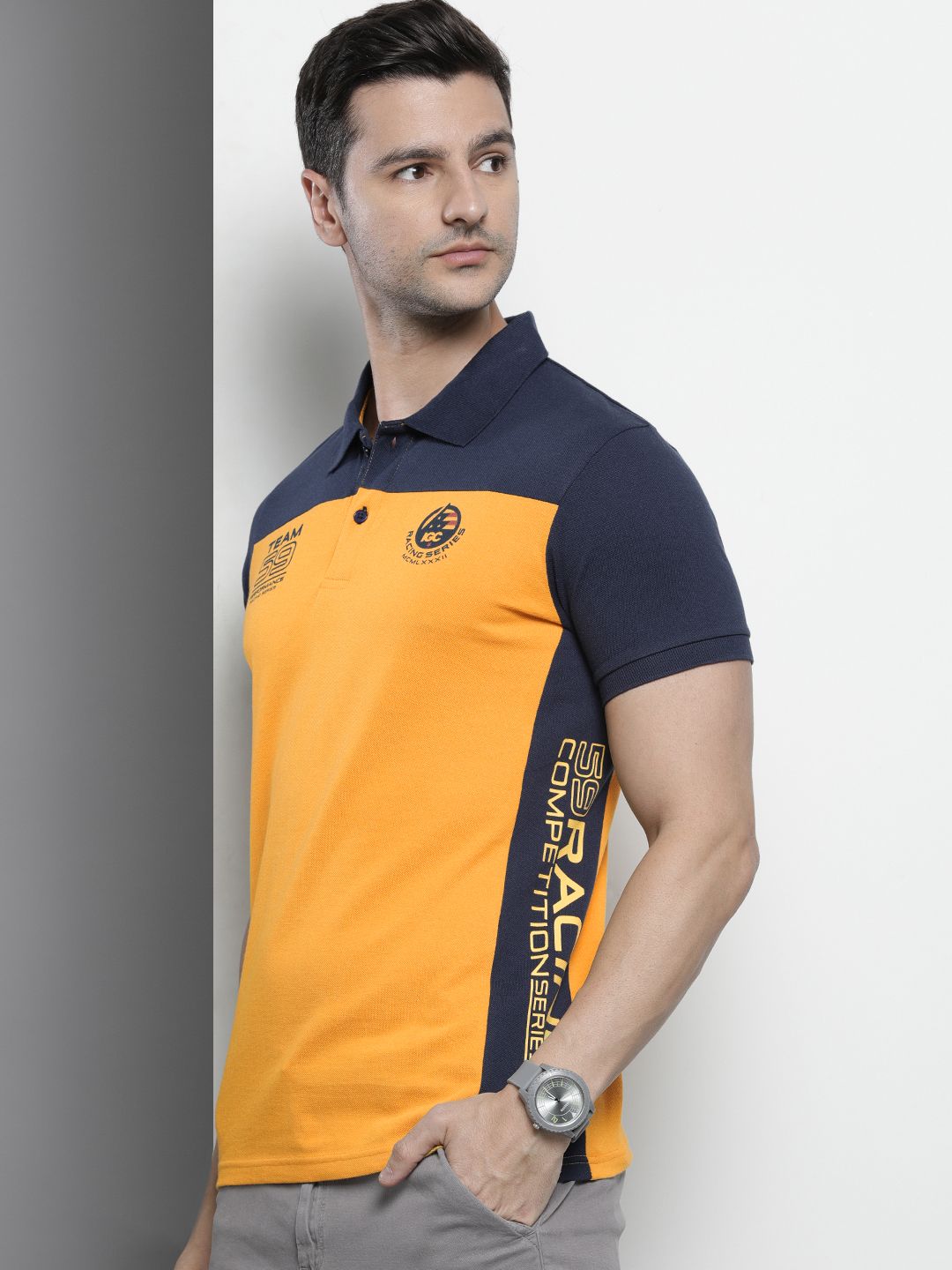 The Indian Garage Co Men Yellow & Navy Blue Colourblocked Polo Collar T-shirt
