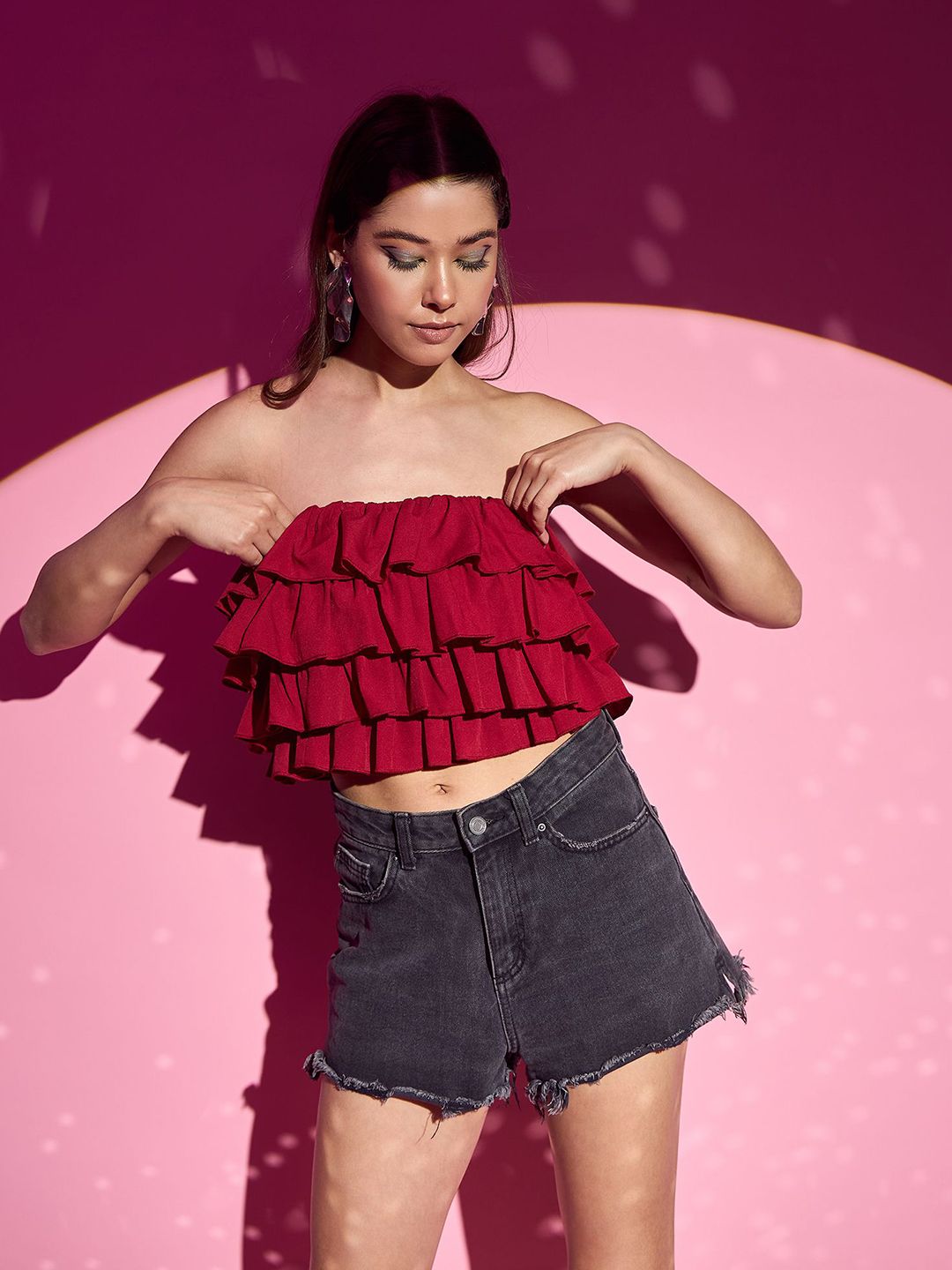Berrylush Women Ruffles Tube Crop Top