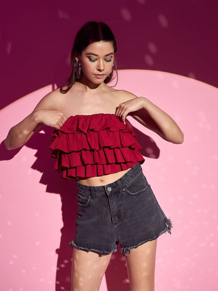 Berrylush Women Ruffles Tube Crop Top