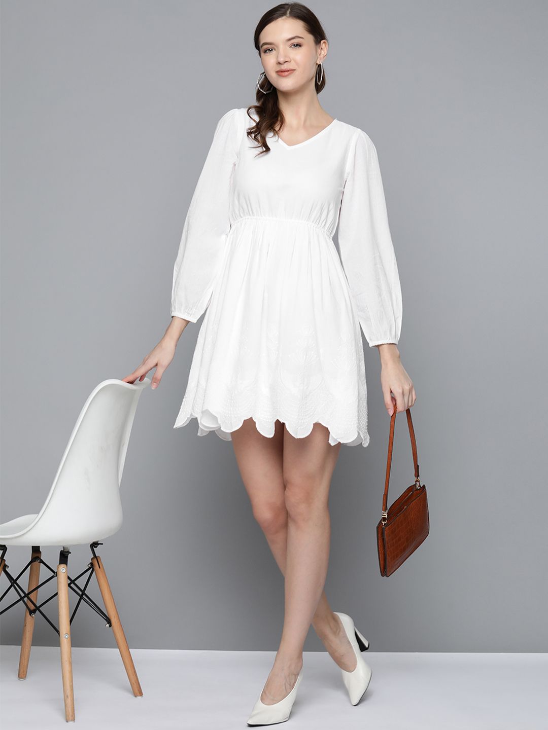 SASSAFRAS White Pure Cotton Solid A-Line Dress