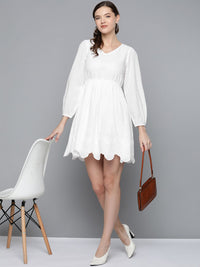 SASSAFRAS White Pure Cotton Solid A-Line Dress