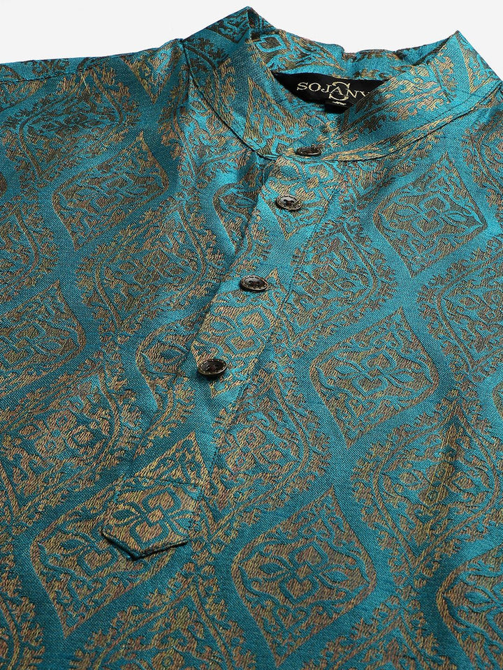 SOJANYA Men Teal Blue & Off-White Woven Design Kurta with Pyjamas & Nehru Jacket