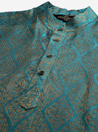 SOJANYA Kurta Rekaan Tenunan Biru Teal & Putih Putih dengan Piyama & Jaket Nehru