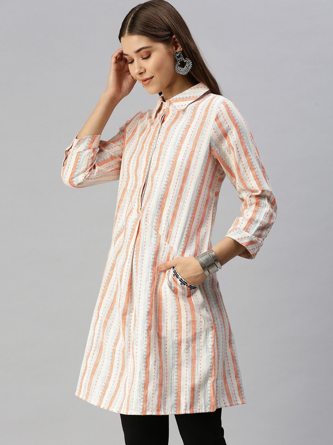Global Desi Coral & White Shirt Collar Striped Tunic