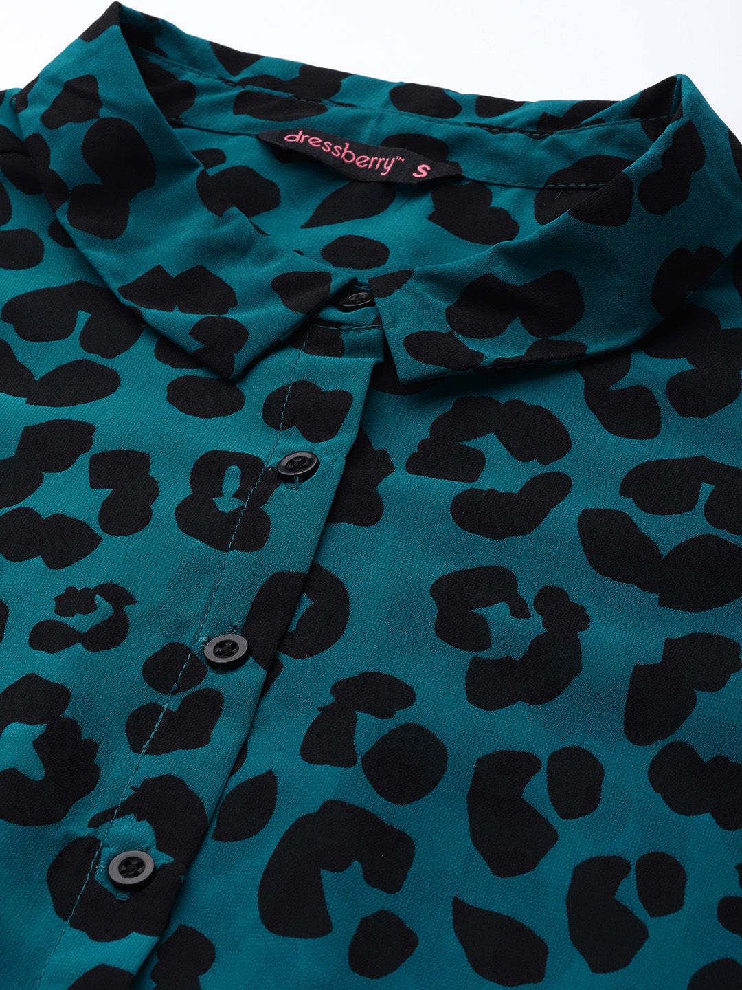 DressBerry Teal Blue & Black Animal Print Shirt Style Top