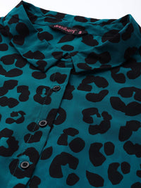 DressBerry Teal Blue & Black Animal Print Shirt Style Top