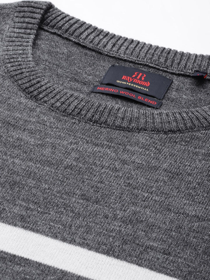 Raymond Men Charcoal Grey & White Striped Striped Pullover