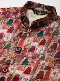 SOJANYA Men Golden & Maroon  Kurta with Churidar And Nehru Jacket