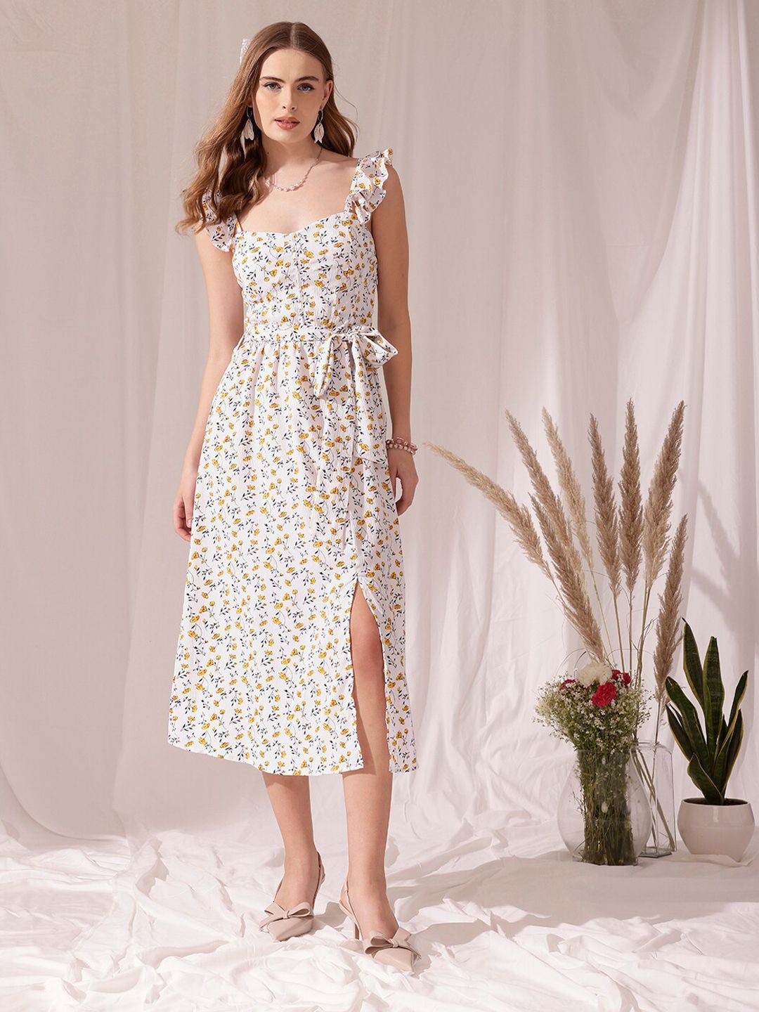 STREET 9 Floral Printed Flutter Sleeves Crepe Fit & Flare Midi Dress
