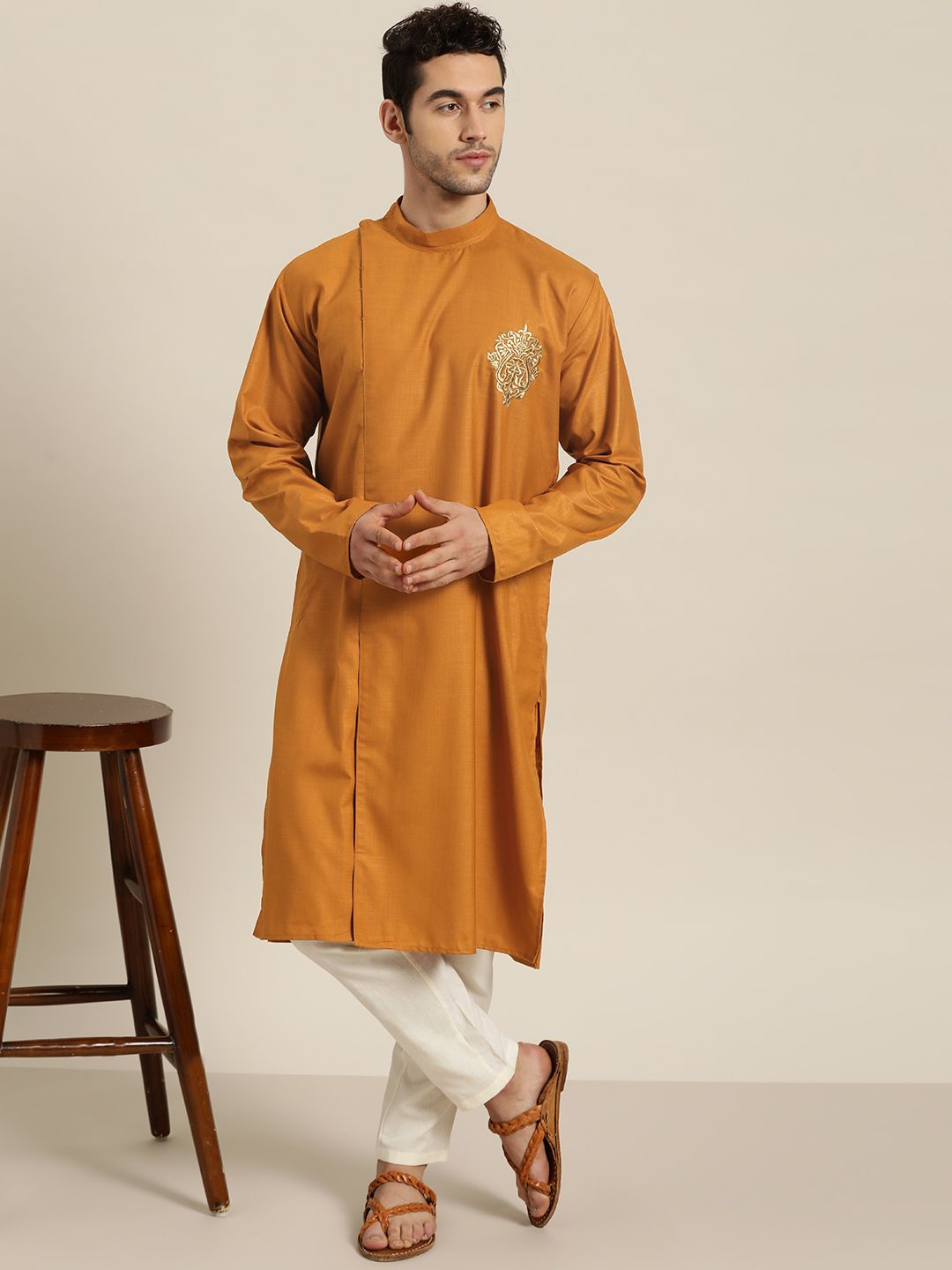 SOJANYA Men Mustard Yellow Solid Pure Cotton Kurta