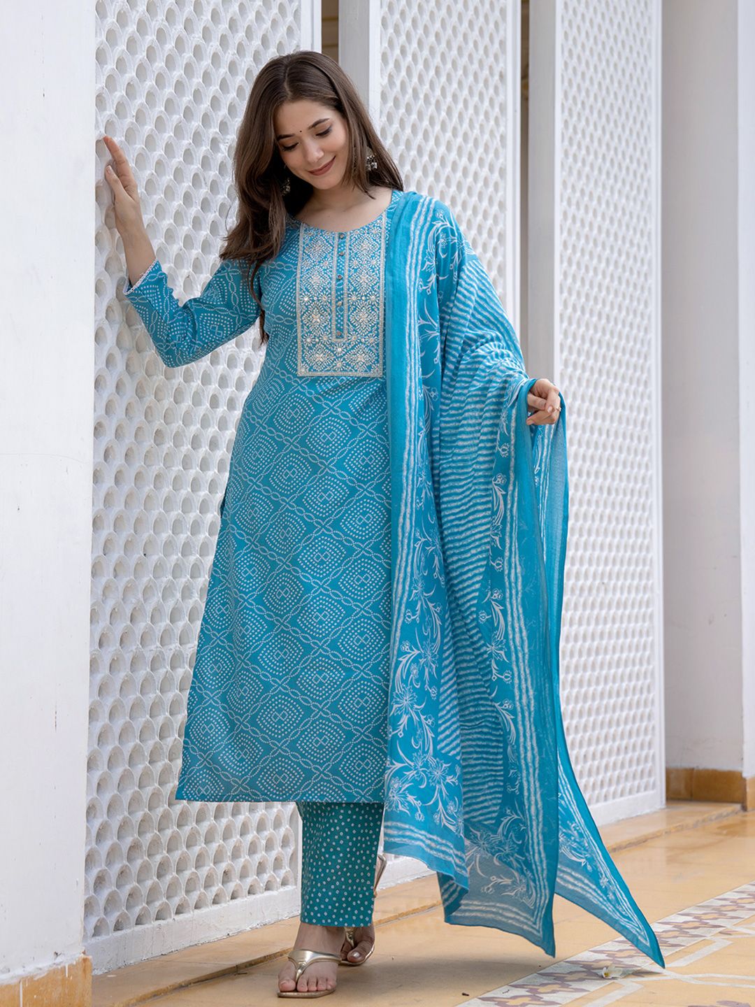 KALINI Bandhani Printed Regular Mirror Work Kurta With Trousers & Dupatta