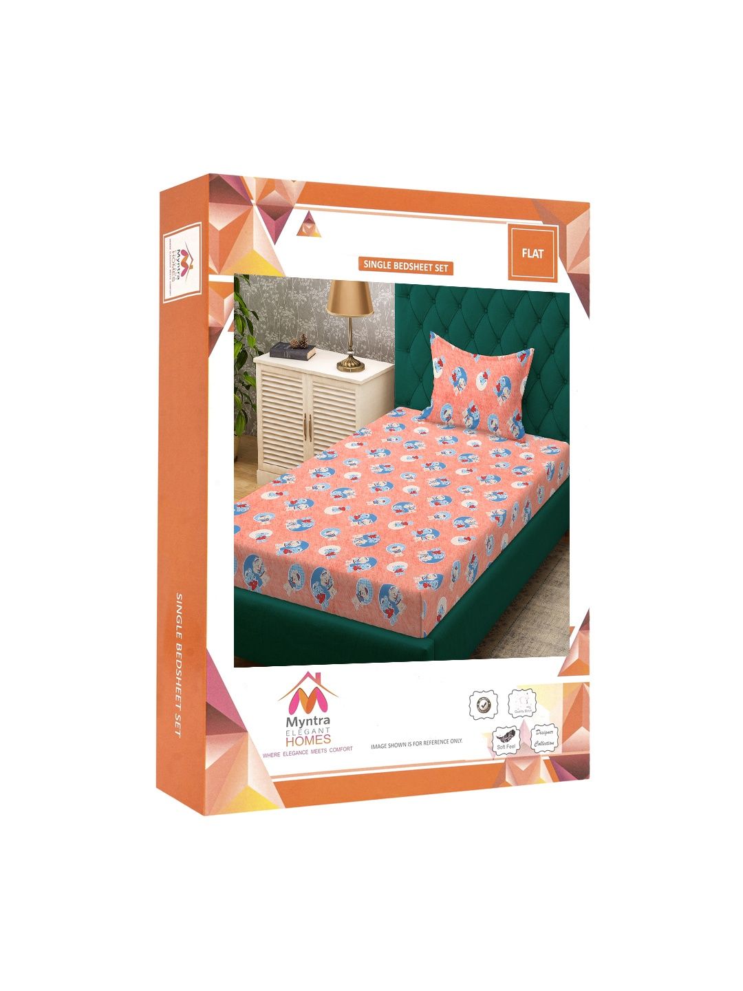 Myntra Elegant Homes Orange Cartoon Characters 400 TC Single Bedsheet with 1 Pillow Covers
