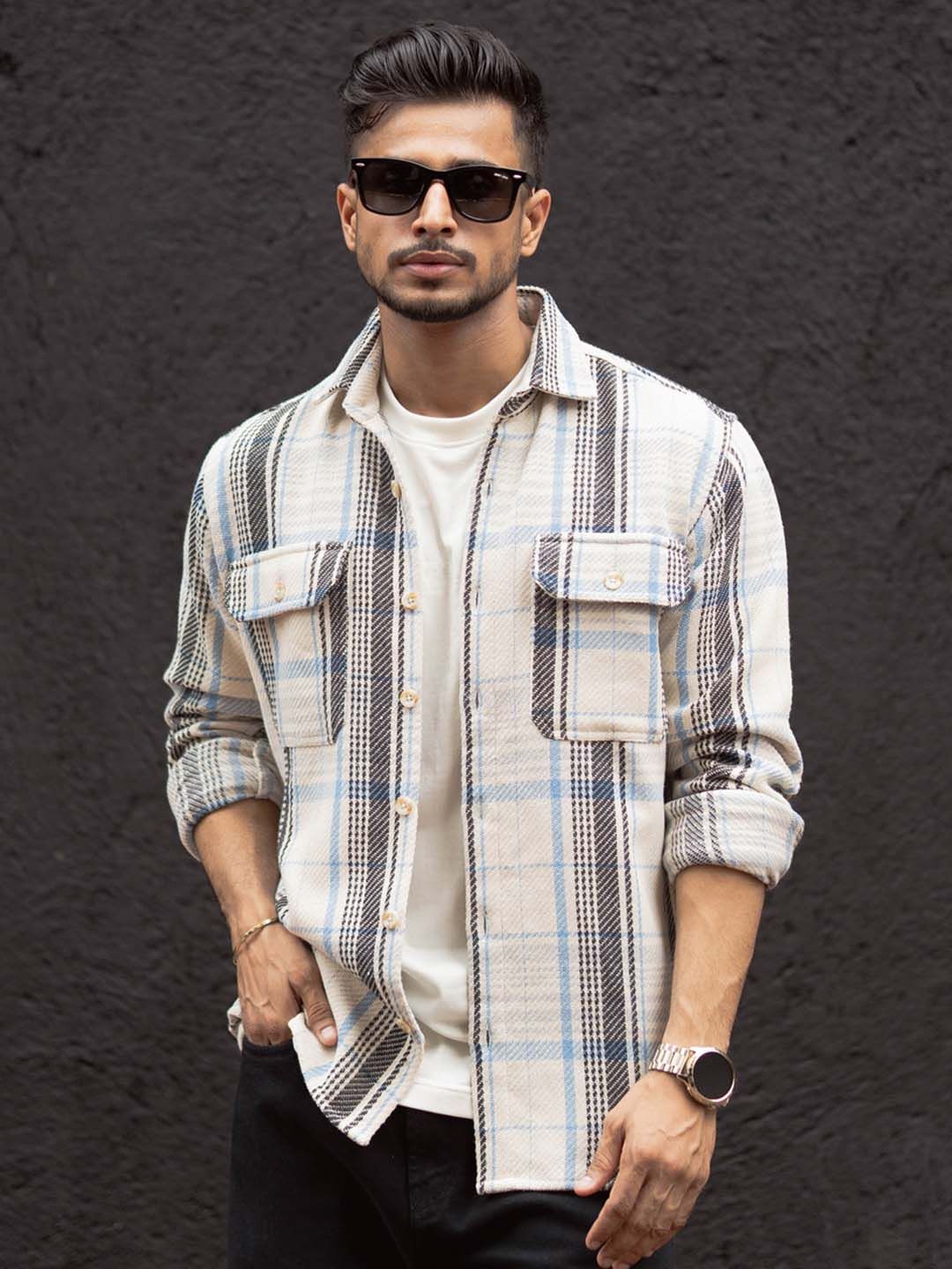 Powerlook Men Spread Collar Tartan Checked Cotton Casual Shirt