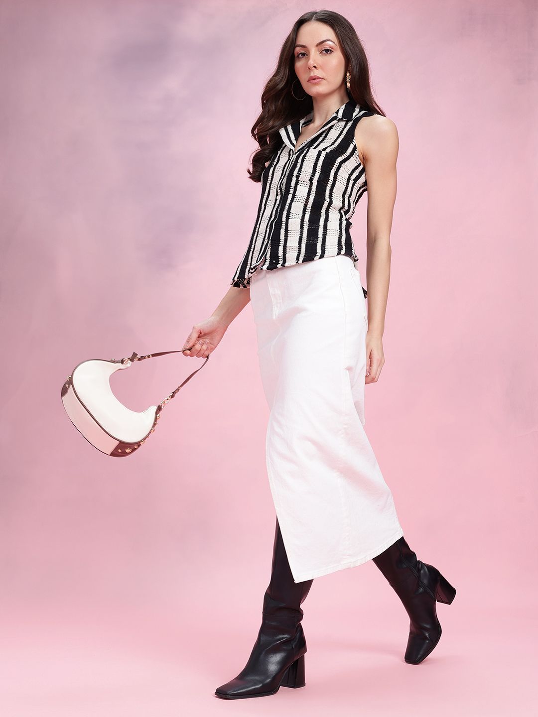 DressBerry Vertically Self-Striped Cuban Collar Semi Sheer Casual Shirt