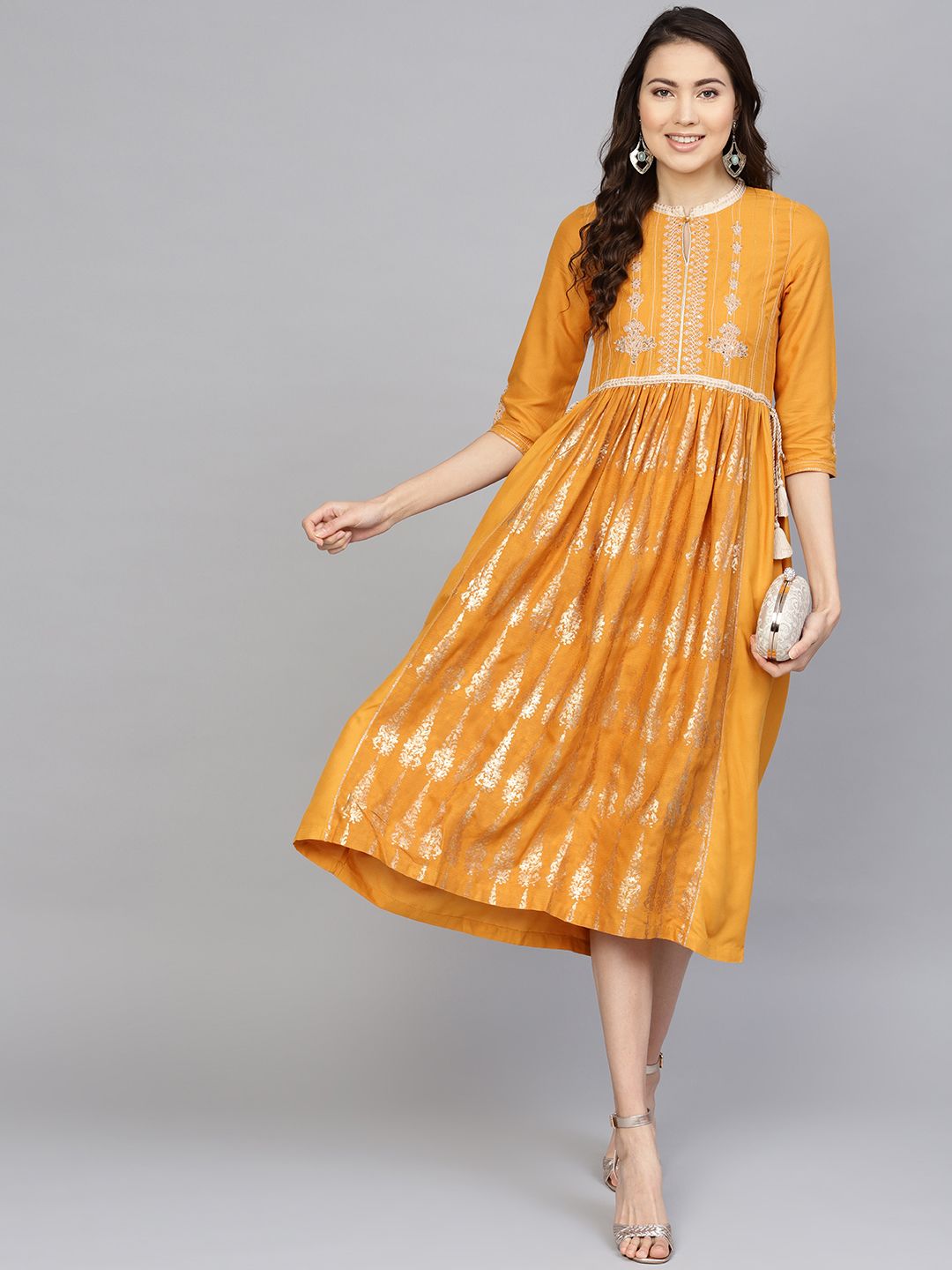 W Mustard Yellow & Golden Floral Printed A-Line Dress