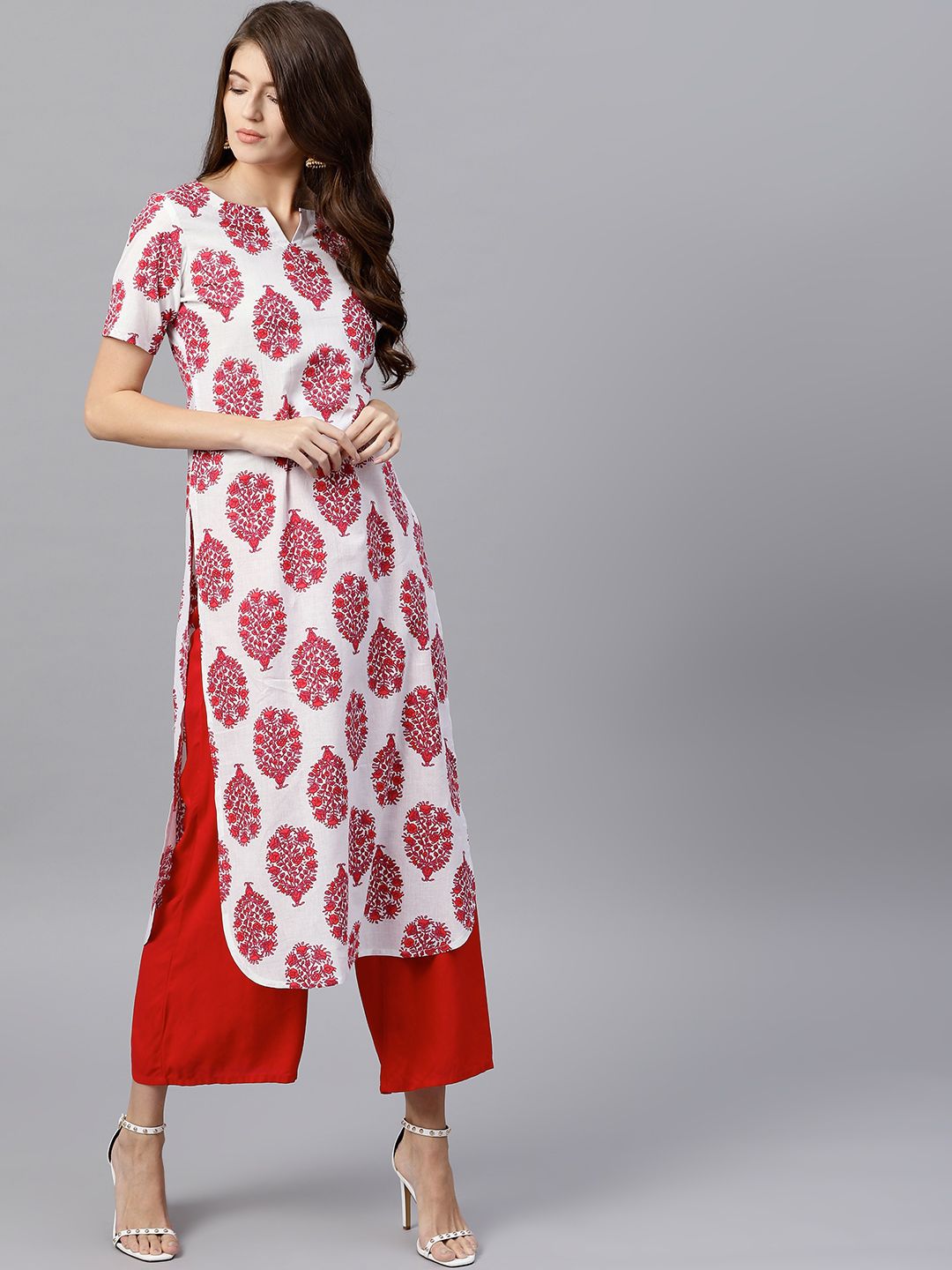 Gerua By Libas Women White  Pink Printed Straight Kurta