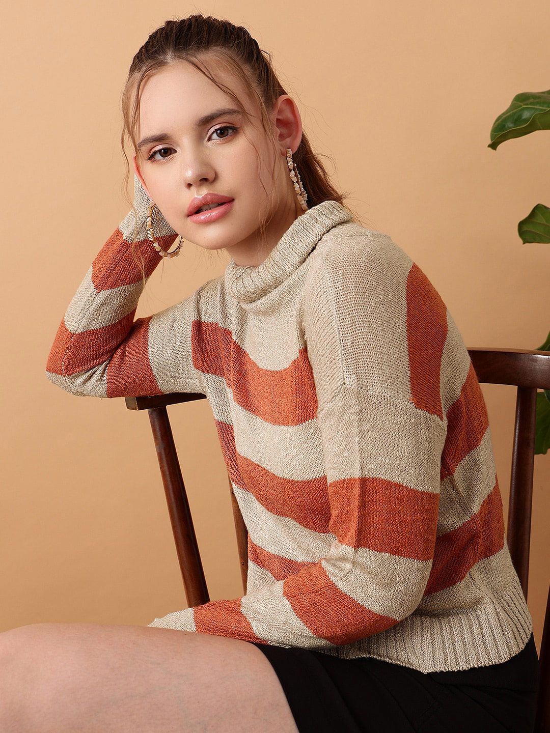 STREET 9 Striped Turtle Neck Ribbed Acrylic Pullover