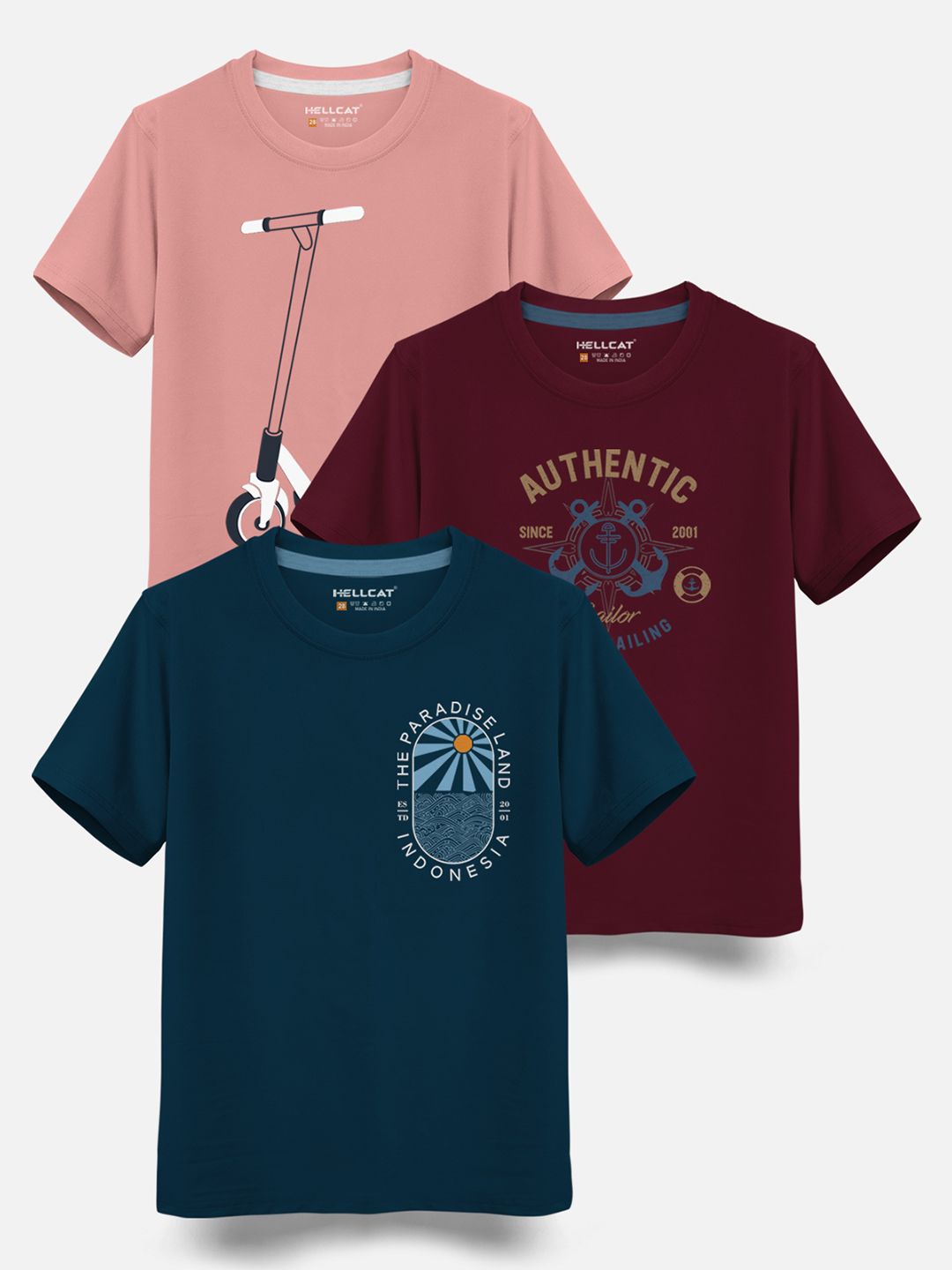 HELLCAT Boys Pack Of 3 Printed Cotton T-shirt