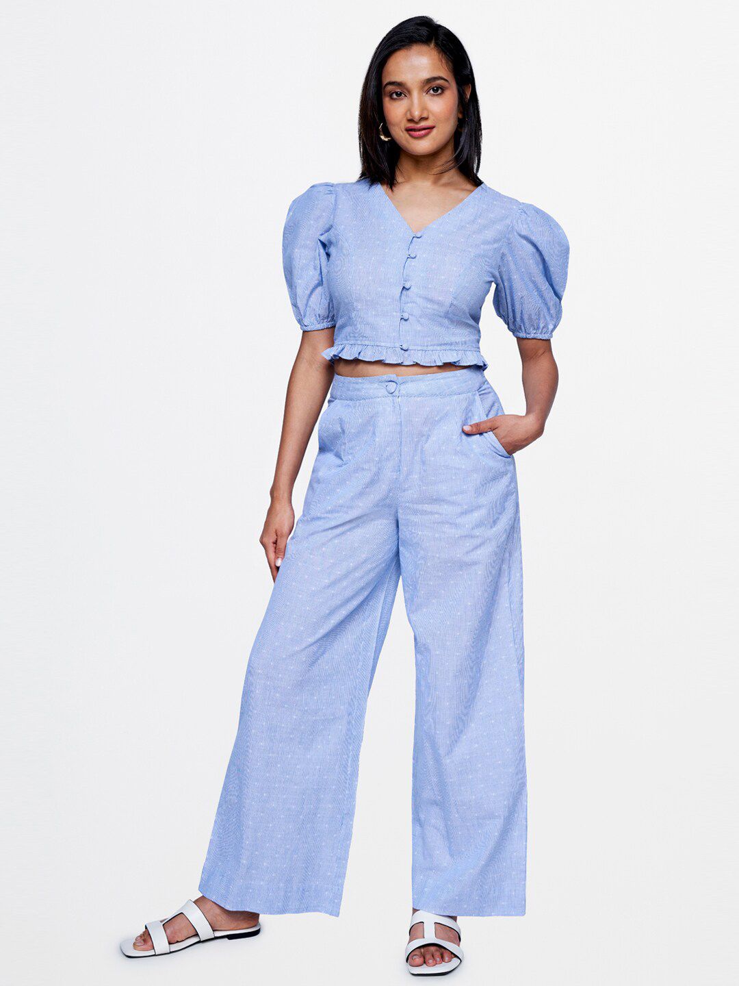 AND Printed V-Neck Puff Sleeves Top with Trousers