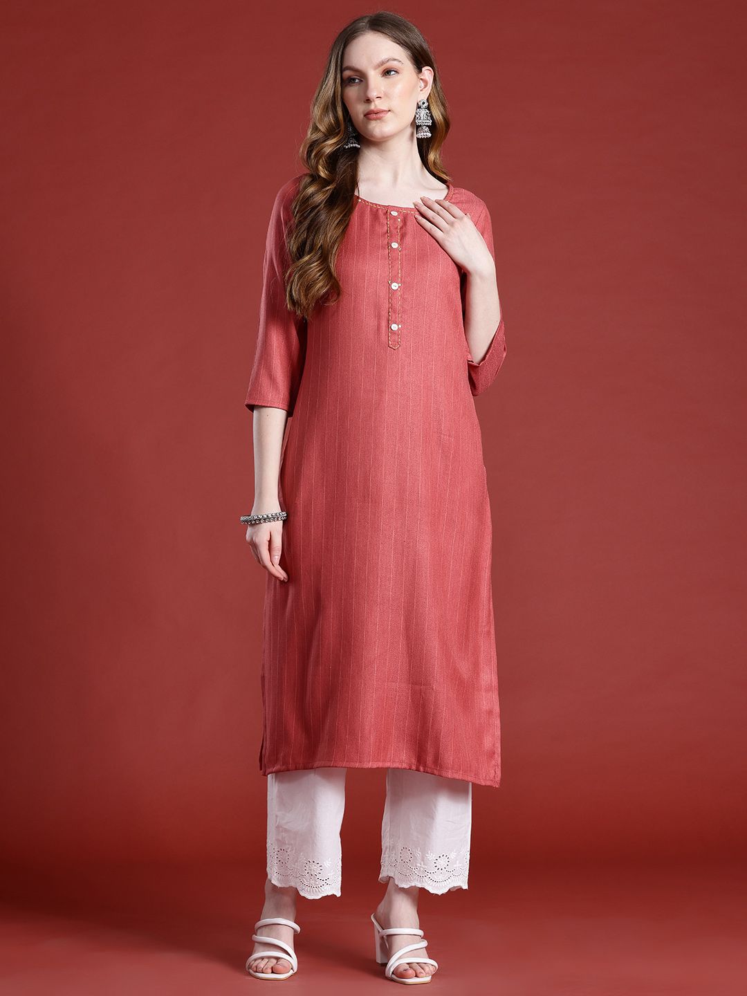 Anouk Striped Sequined Straight Kurta
