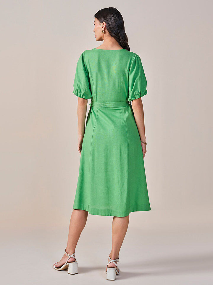 AND V-Neck Puff Sleeves Tie-Ups A-Line Dress