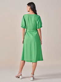 AND V-Neck Puff Sleeves Tie-Ups A-Line Dress