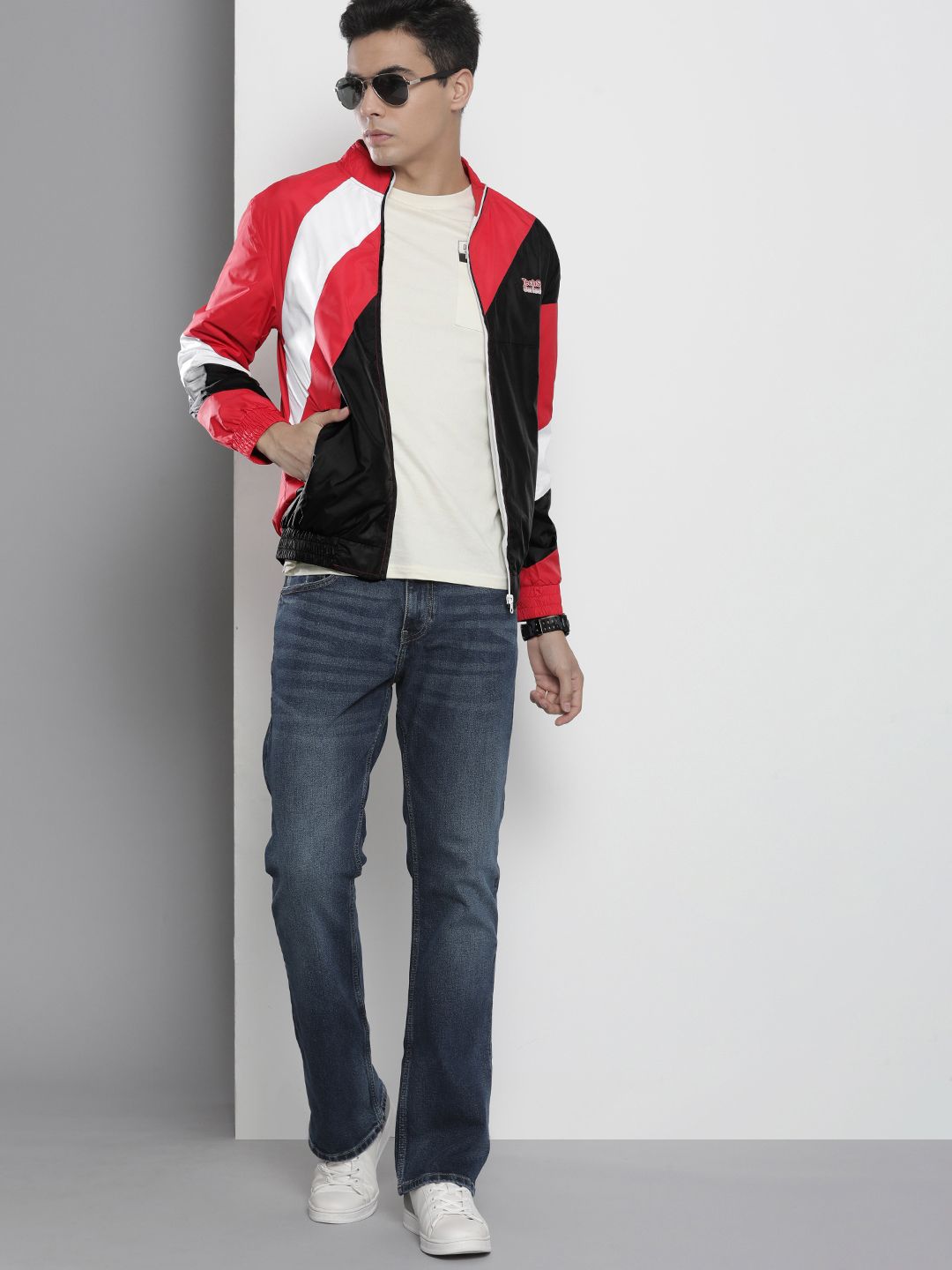 The Indian Garage Co Men Red & Black Colourblocked Outdoor Windcheater Tailored Jacket