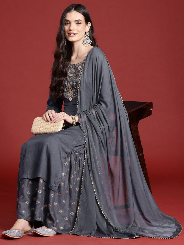 Anouk Ethnic Printed Yoke Embroidered Layered Kurta with Dupatta
