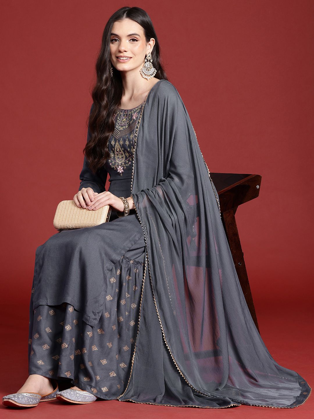 Anouk Ethnic Printed Yoke Embroidered Layered Kurta with Dupatta