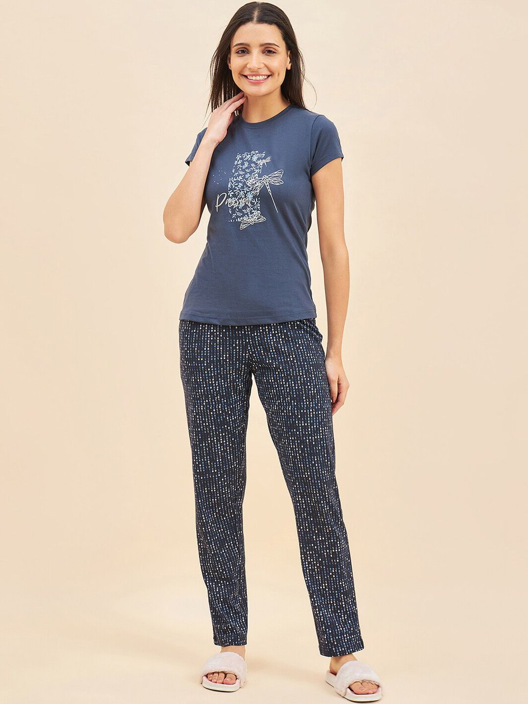 Sweet Dreams Blue Printed Pure Cotton 3 Piece Night Suit Set