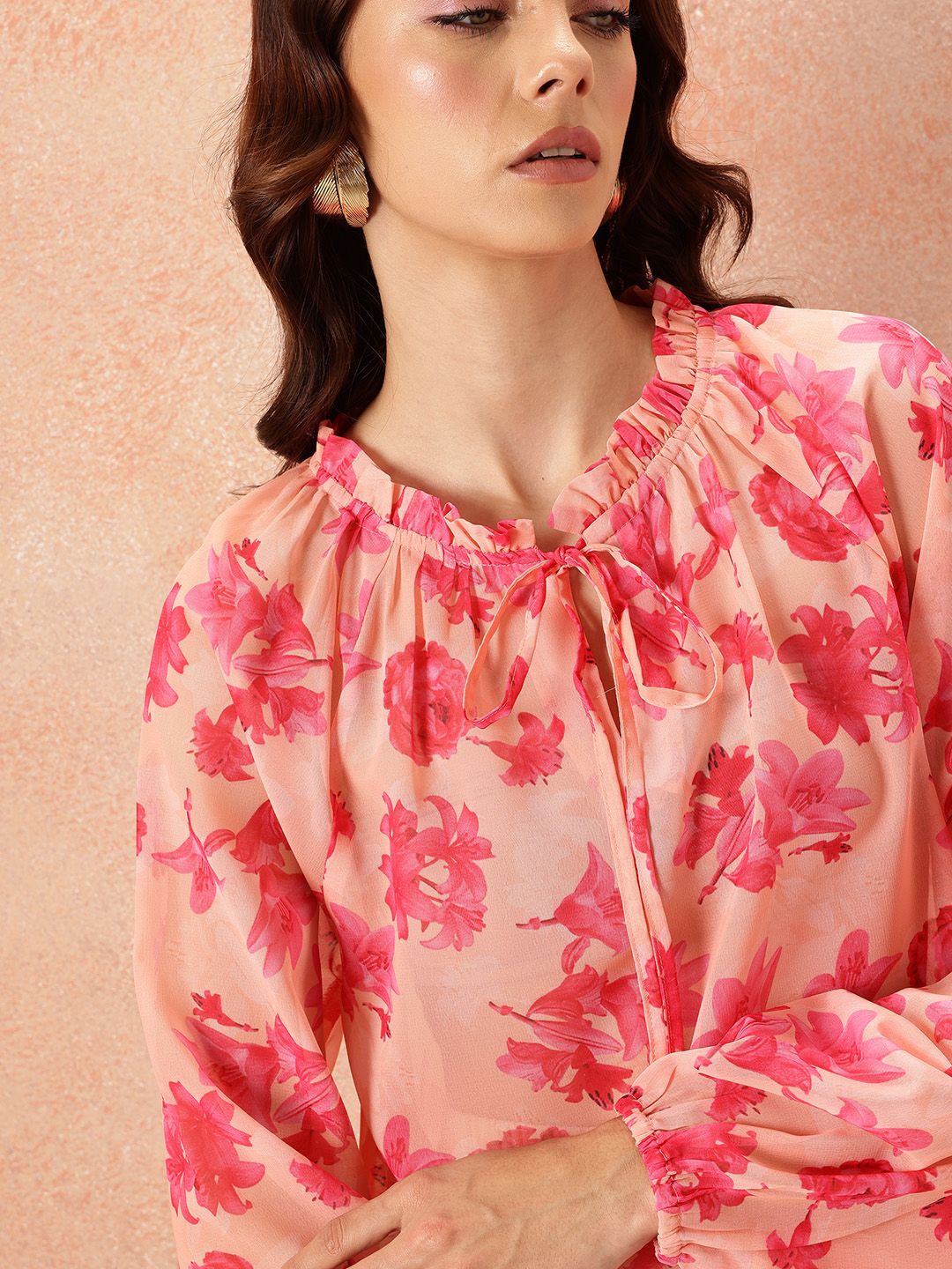 all about you Floral Print Tie-Up Neck Puff Sleeve Top