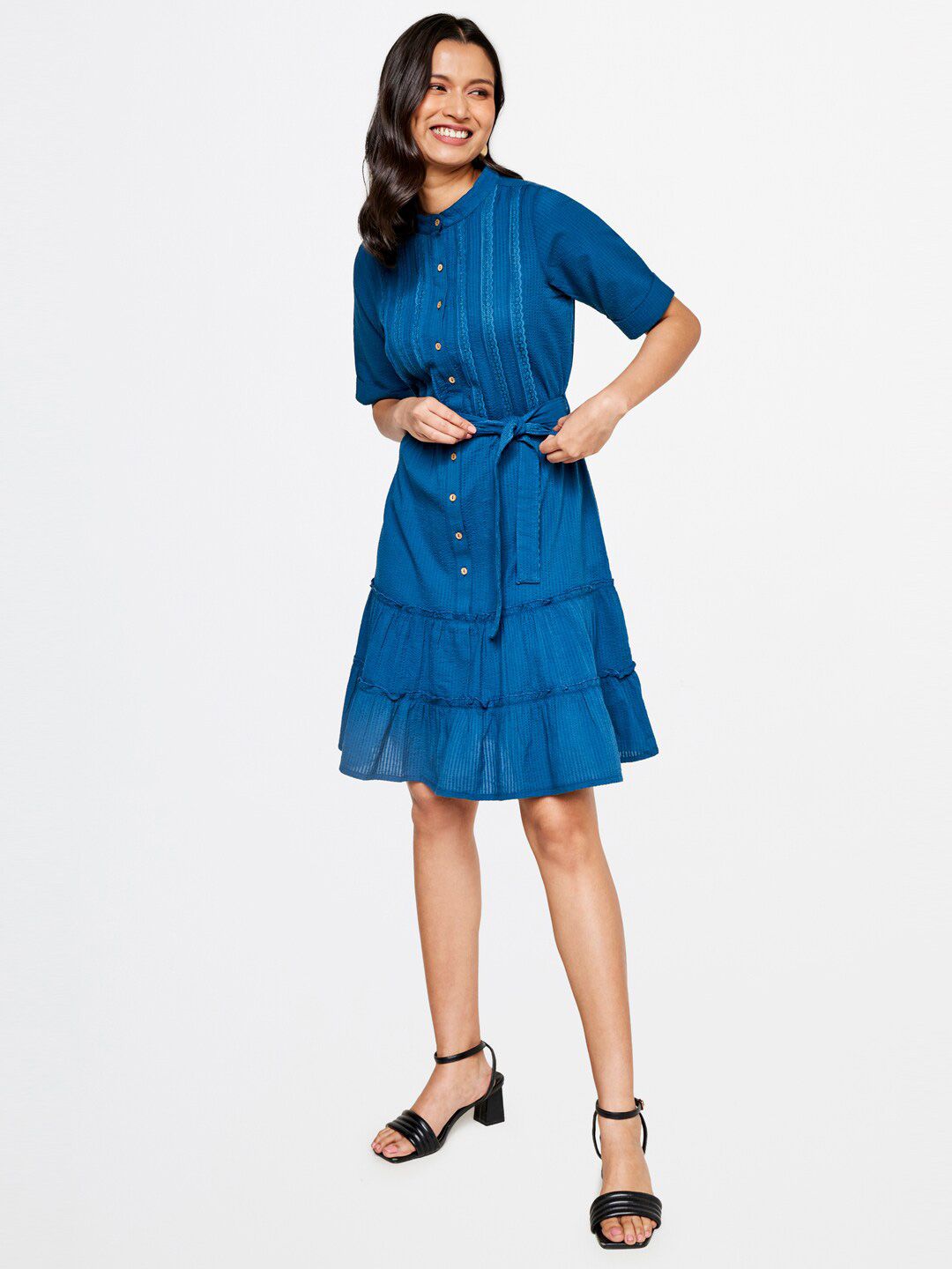 AND Women Blue A-Line Tiered Cotton Dress