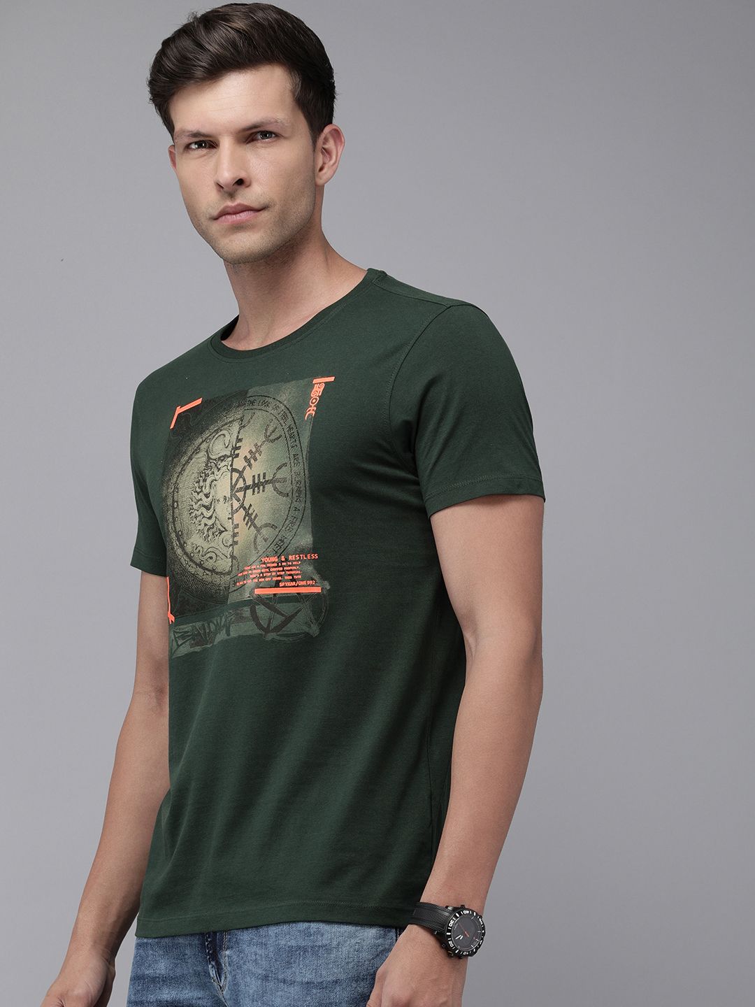 SPYKAR Printed Pure Cotton Slim Fit T-shirt