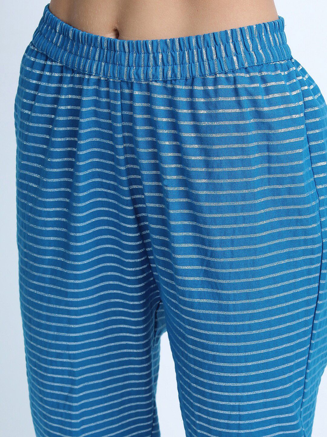 Vishudh Women Blue Striped Thread Work Pure Cotton Kurta with Trousers