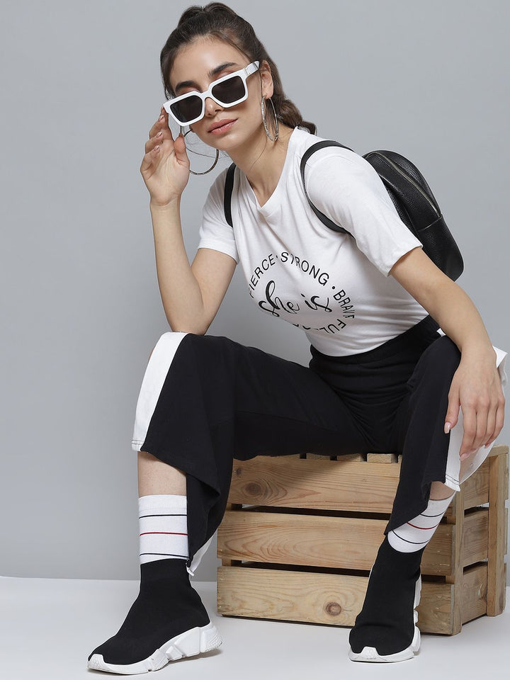 SASSAFRAS Women White Typography Printed Cotton T-shirt