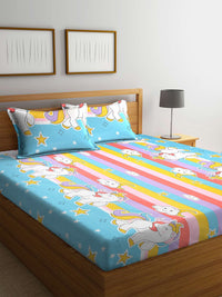 KLOTTHE Blue & Pink Printed 300 TC Double King Fitted Bedsheet With 2 Pillow Covers