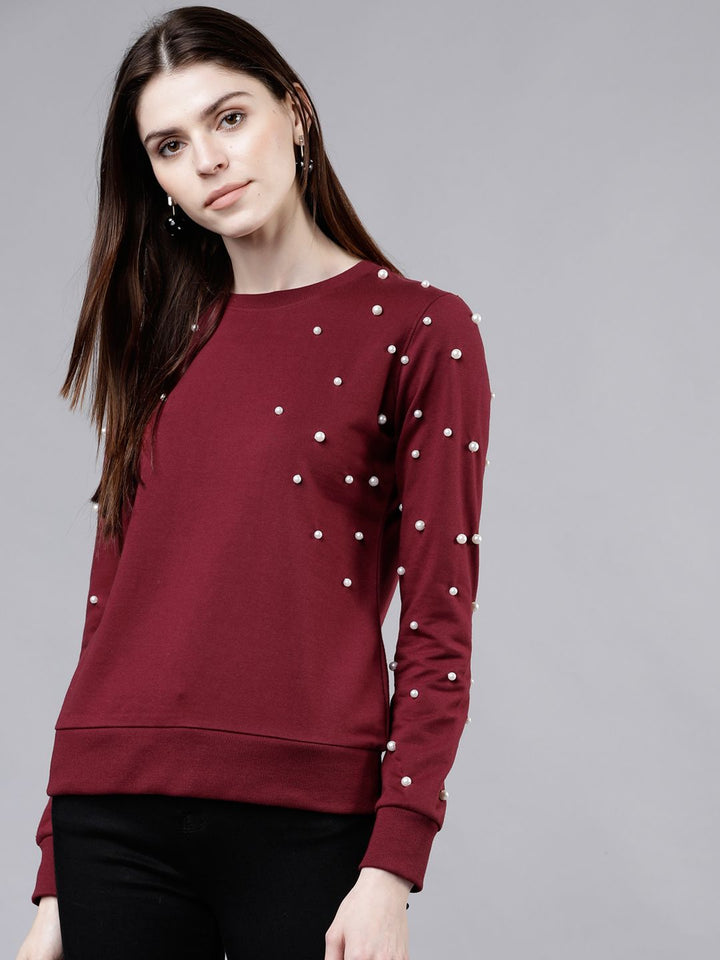 Tokyo Talkies Women Maroon & White Solid Sweatshirt