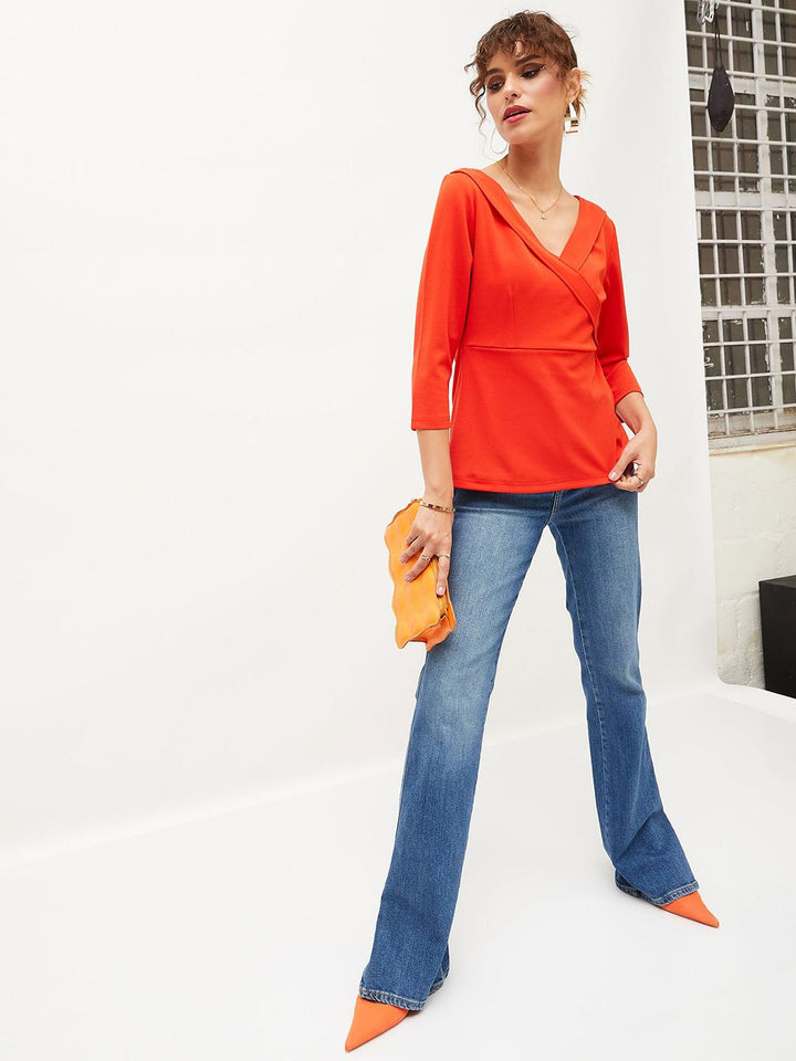 SASSAFRAS Orange V-Neck Peplum Top