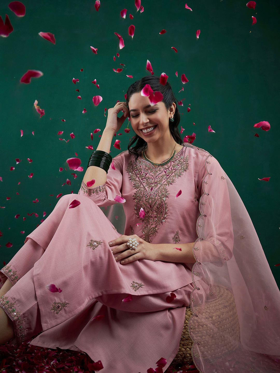 Indo Era Embroidered Regular Sequinned Straight Kurta With Trousers & Dupatta