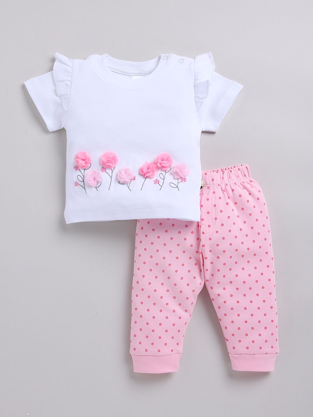 Moms Love Infant Girls Pure Cotton Self Design Top With Joggers