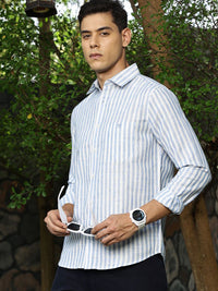 Thomas Scott Premium Linen Slim Fit Striped Spread Collar Casual Shirt