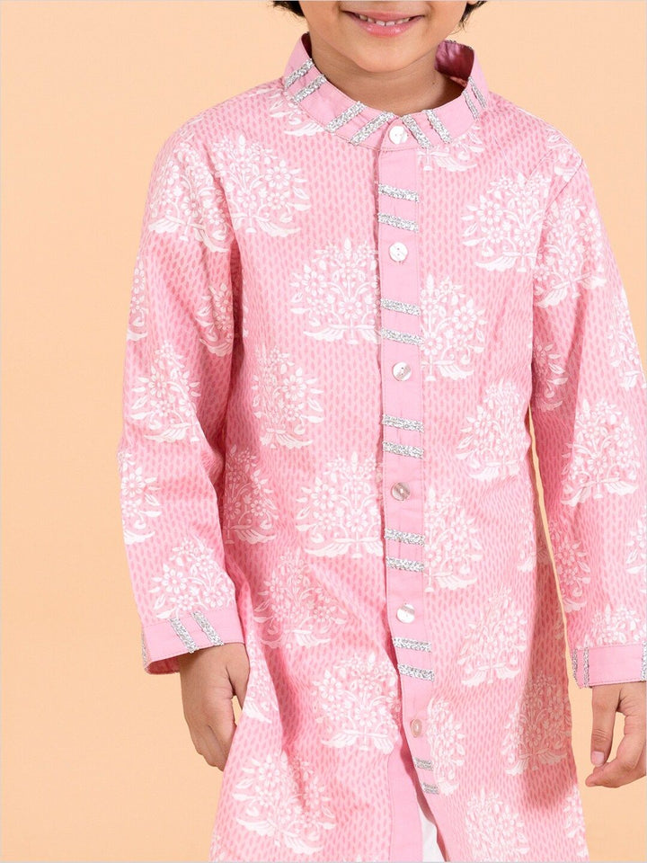 pspeaches Boys Pink Floral Printed Panelled Pure Cotton Kurta with Pyjamas