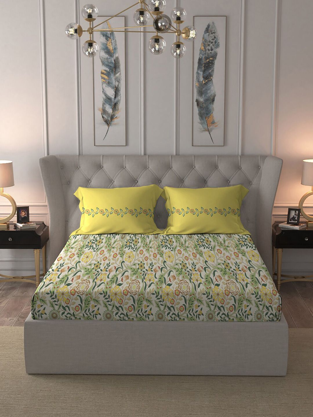 MYTRIDENT Beige  White Floral Pure Cotton 144 TC Queen Bedsheet With 2 Pillow Covers