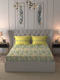 MYTRIDENT Beige  White Floral Pure Cotton 144 TC Queen Bedsheet With 2 Pillow Covers
